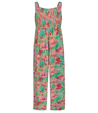 Roxy Big Girls Sleeveless Tropical Floral Printed Crinkled Crepe Jumpsuit