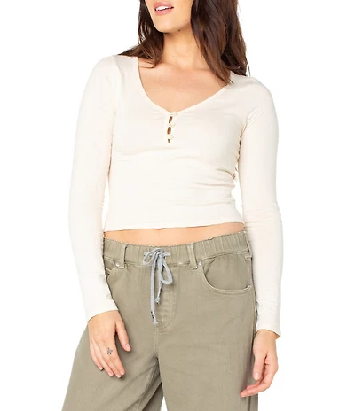 Roxy Cuddle Up Long Sleeve Button-Front Cropped T-Shirt