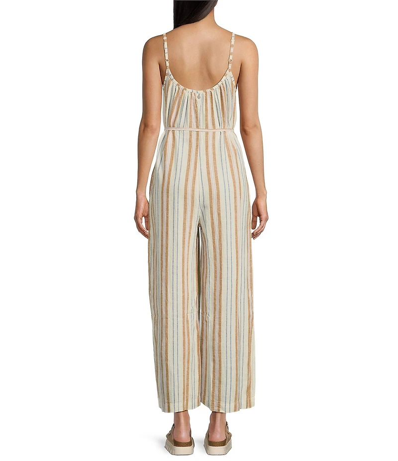 Roxy Gale Striped Waist Tie Wide Leg Linen Blend Jumpsuit