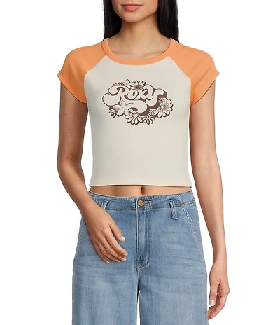 Roxy Groove Raglan Short Sleeve Color Block Cropped Graphic T-Shirt
