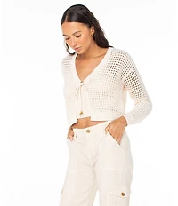 Roxy Ivy Long Sleeve Tie-Closure Flyaway-Front Crocheted Cropped Cardigan
