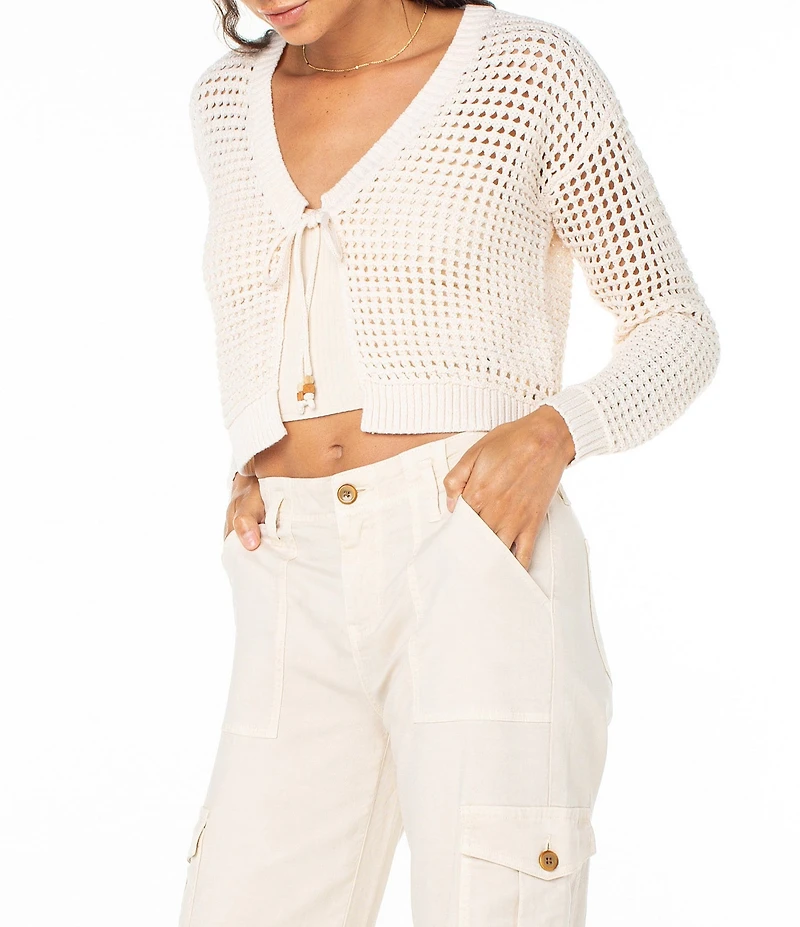 Roxy Ivy Long Sleeve Tie-Closure Flyaway-Front Crocheted Cropped Cardigan