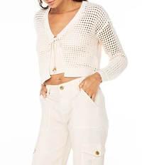 Roxy Ivy Long Sleeve Tie-Closure Flyaway-Front Crocheted Cropped Cardigan