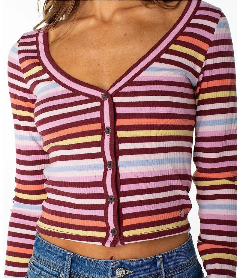 Roxy Long Sleeve Stripe Button Terrace Crop Top
