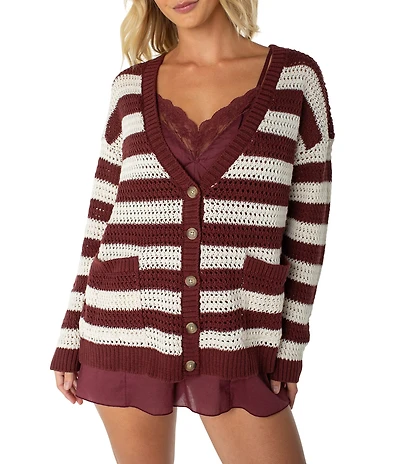 Roxy Long Sleeve Stripe V-Neck Button Tamarindo Cardigan