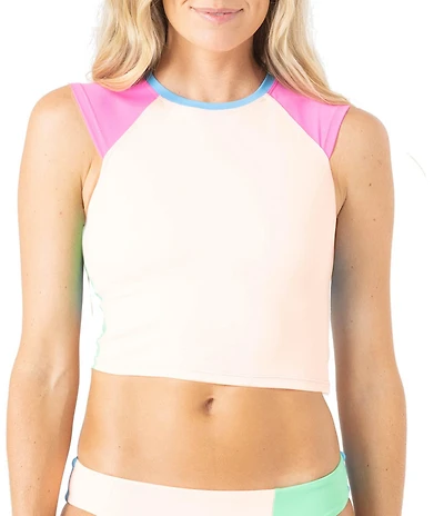 Roxy Surf City Color Block Crew Neck Crop Rashguard Swim Top
