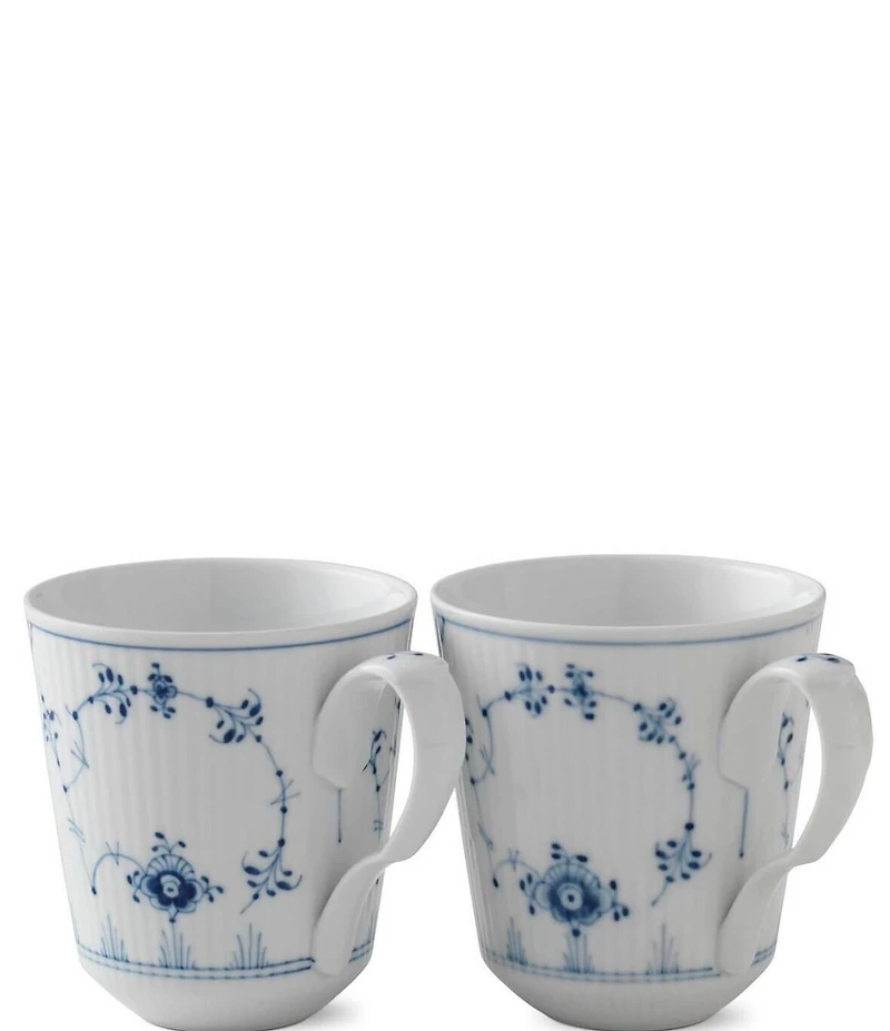Royal Copenhagen Blue Fluted Floral Pattern Porcelain Plain Mugs, Set of 2