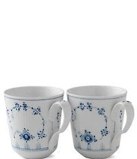 Royal Copenhagen Blue Fluted Floral Pattern Porcelain Plain Mugs, Set of 2