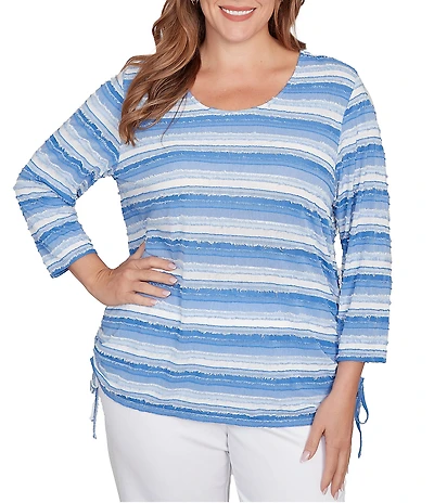 Ruby Rd. Plus Size Yarn-Dyed Eyelash Stripe Scoop Neck 3/4 Sleeve Adjustable Side Ties Top