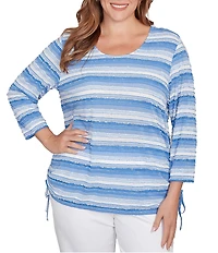 Ruby Rd. Plus Size Yarn-Dyed Eyelash Stripe Scoop Neck 3/4 Sleeve Adjustable Side Ties Top