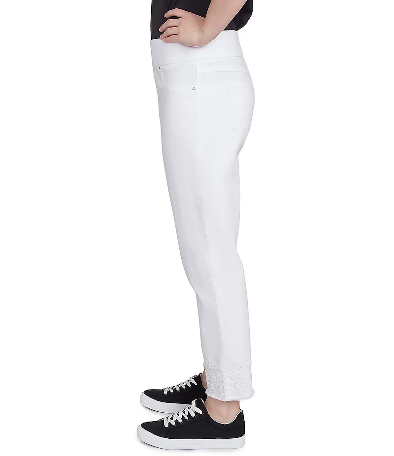 Ruby Rd. Straight Leg Embroidered Frayed Hem Pull-On Ankle Pants
