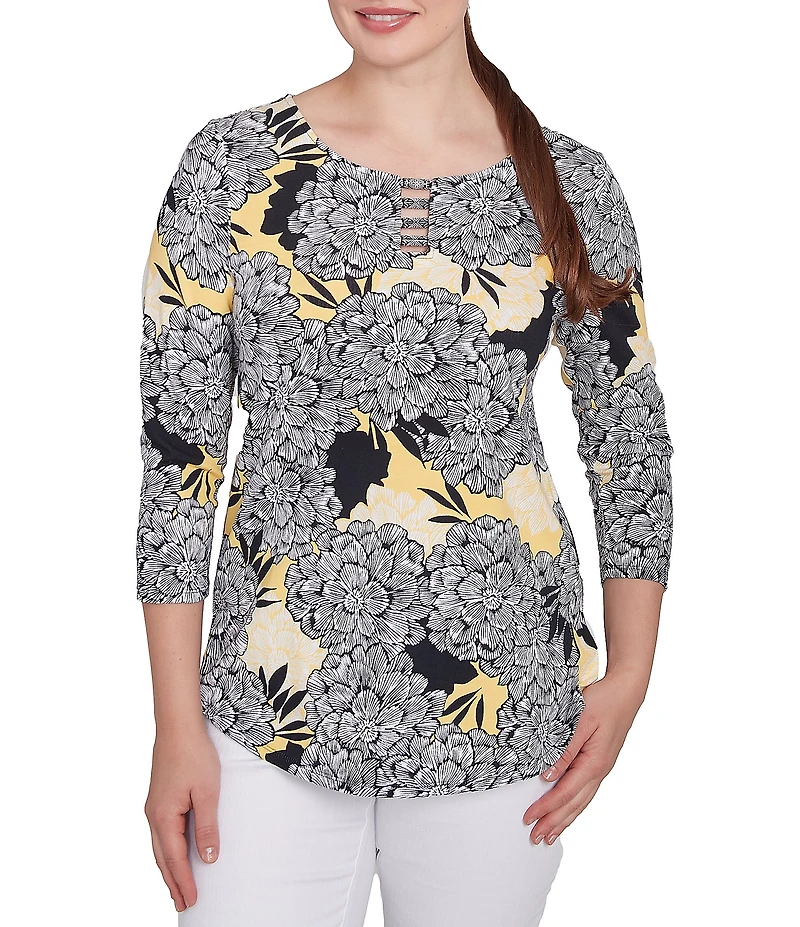 Ruby Rd. Abstract Floral Dahlia Knit Crew Neck 3/4 Sleeve Top