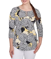 Ruby Rd. Abstract Floral Dahlia Knit Crew Neck 3/4 Sleeve Top