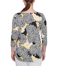 Ruby Rd. Abstract Floral Dahlia Knit Crew Neck 3/4 Sleeve Top