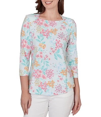 Ruby Rd. Allover Floral Envelope Neck 3/4 Sleeve Knit Top