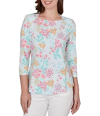 Ruby Rd. Allover Floral Envelope Neck 3/4 Sleeve Knit Top