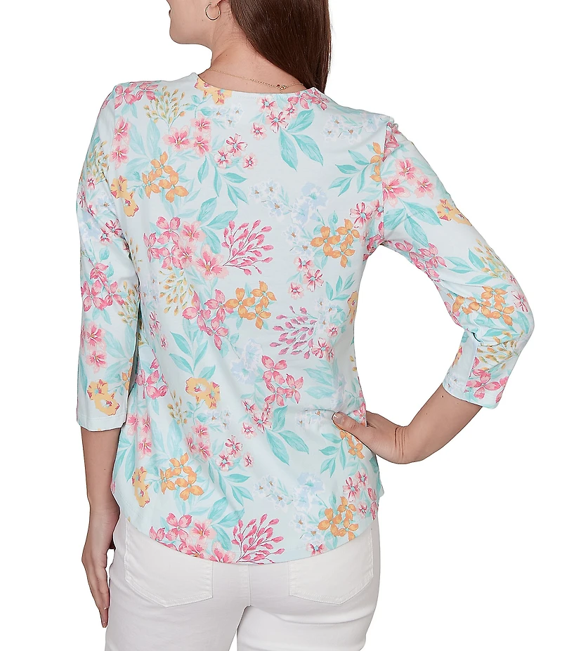 Ruby Rd. Allover Floral Envelope Neck 3/4 Sleeve Knit Top