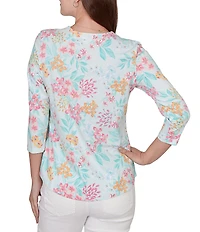 Ruby Rd. Allover Floral Envelope Neck 3/4 Sleeve Knit Top