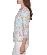Ruby Rd. Allover Floral Envelope Neck 3/4 Sleeve Knit Top