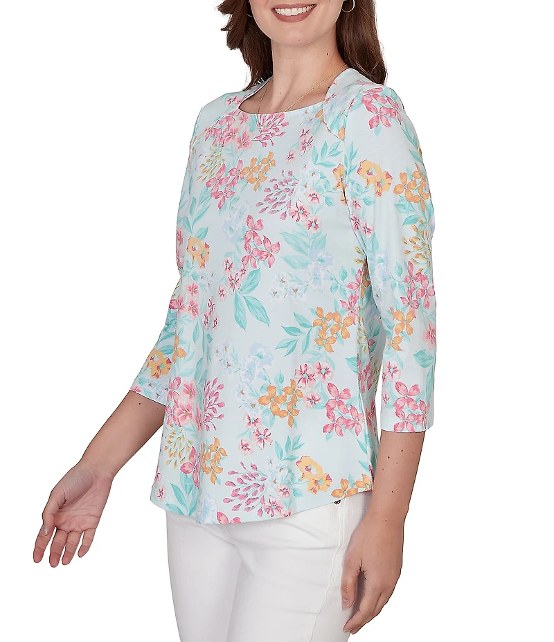 Ruby Rd. Allover Floral Envelope Neck 3/4 Sleeve Knit Top