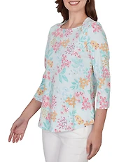 Ruby Rd. Allover Floral Envelope Neck 3/4 Sleeve Knit Top