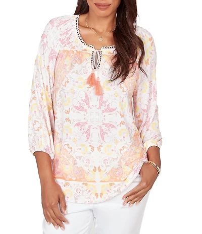 Ruby Rd. Bohemian Embroidered Split V-Neck 3/4 Sleeve Tapestry Print Tassel Tie Blouse