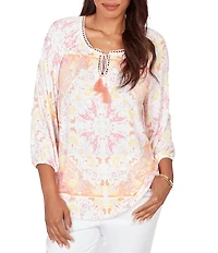 Ruby Rd. Bohemian Embroidered Split V-Neck 3/4 Sleeve Tapestry Print Tassel Tie Blouse