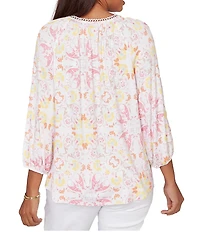 Ruby Rd. Bohemian Embroidered Split V-Neck 3/4 Sleeve Tapestry Print Tassel Tie Blouse