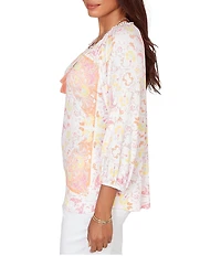 Ruby Rd. Bohemian Embroidered Split V-Neck 3/4 Sleeve Tapestry Print Tassel Tie Blouse