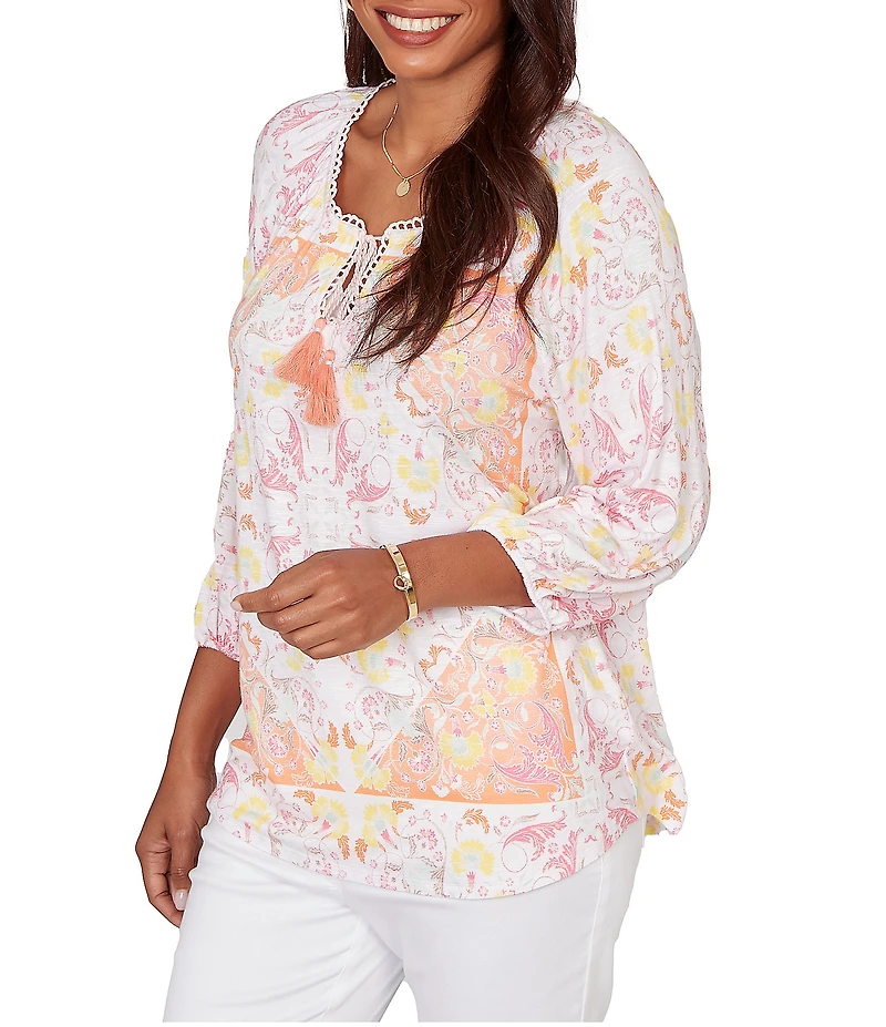 Ruby Rd. Bohemian Embroidered Split V-Neck 3/4 Sleeve Tapestry Print Tassel Tie Blouse