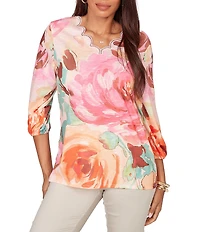 Ruby Rd. Bold Floral Scalloped V-Neck 3/4 Sleeve Oversized Knit Top