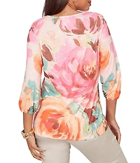 Ruby Rd. Bold Floral Scalloped V-Neck 3/4 Sleeve Oversized Knit Top
