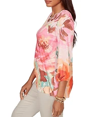 Ruby Rd. Bold Floral Scalloped V-Neck 3/4 Sleeve Oversized Knit Top