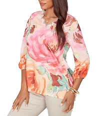 Ruby Rd. Bold Floral Scalloped V-Neck 3/4 Sleeve Oversized Knit Top