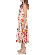 Ruby Rd. Bold Floral V-Neck Sleeveless Tiered A-Line Midi Pull-On Dress
