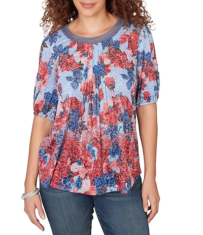 Ruby Rd. Burnout Jersey Knit Floral Scoop Lace Trim Neck Elbow-Length Sleeve Top
