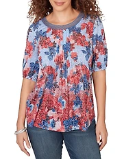 Ruby Rd. Burnout Jersey Knit Floral Scoop Lace Trim Neck Elbow-Length Sleeve Top