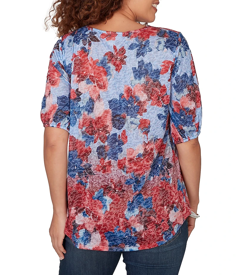 Ruby Rd. Burnout Jersey Knit Floral Scoop Lace Trim Neck Elbow-Length Sleeve Top
