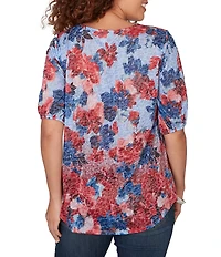 Ruby Rd. Burnout Jersey Knit Floral Scoop Lace Trim Neck Elbow-Length Sleeve Top