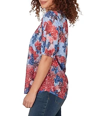 Ruby Rd. Burnout Jersey Knit Floral Scoop Lace Trim Neck Elbow-Length Sleeve Top