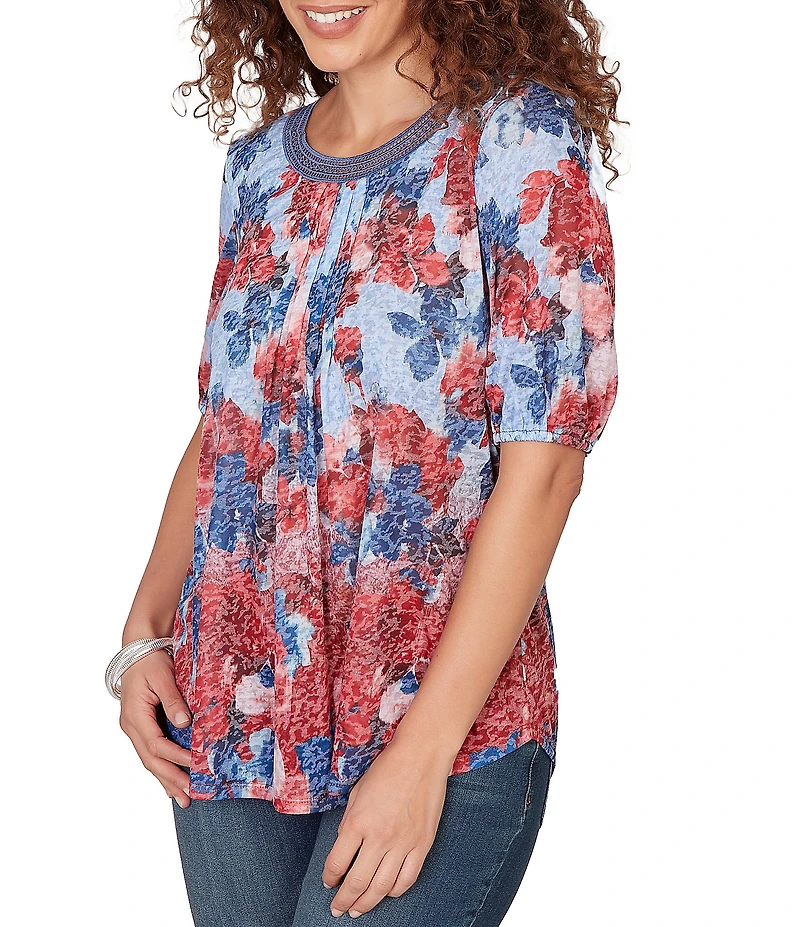 Ruby Rd. Burnout Jersey Knit Floral Scoop Lace Trim Neck Elbow-Length Sleeve Top