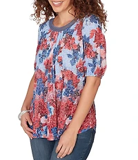 Ruby Rd. Burnout Jersey Knit Floral Scoop Lace Trim Neck Elbow-Length Sleeve Top