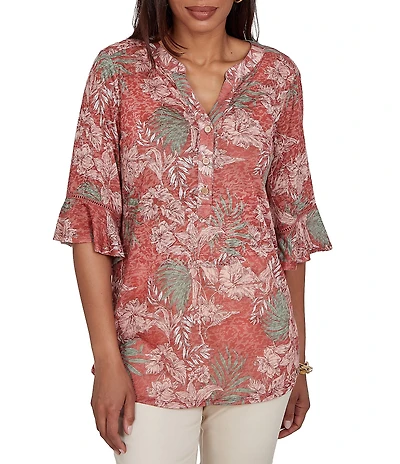 Ruby Rd. Burnout Jersey Tropical Floral Henley Collar Elbow Length Flutter Sleeve Top