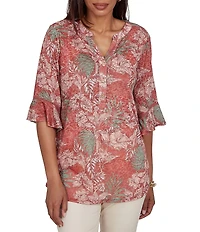 Ruby Rd. Burnout Jersey Tropical Floral Henley Collar Elbow Length Flutter Sleeve Top