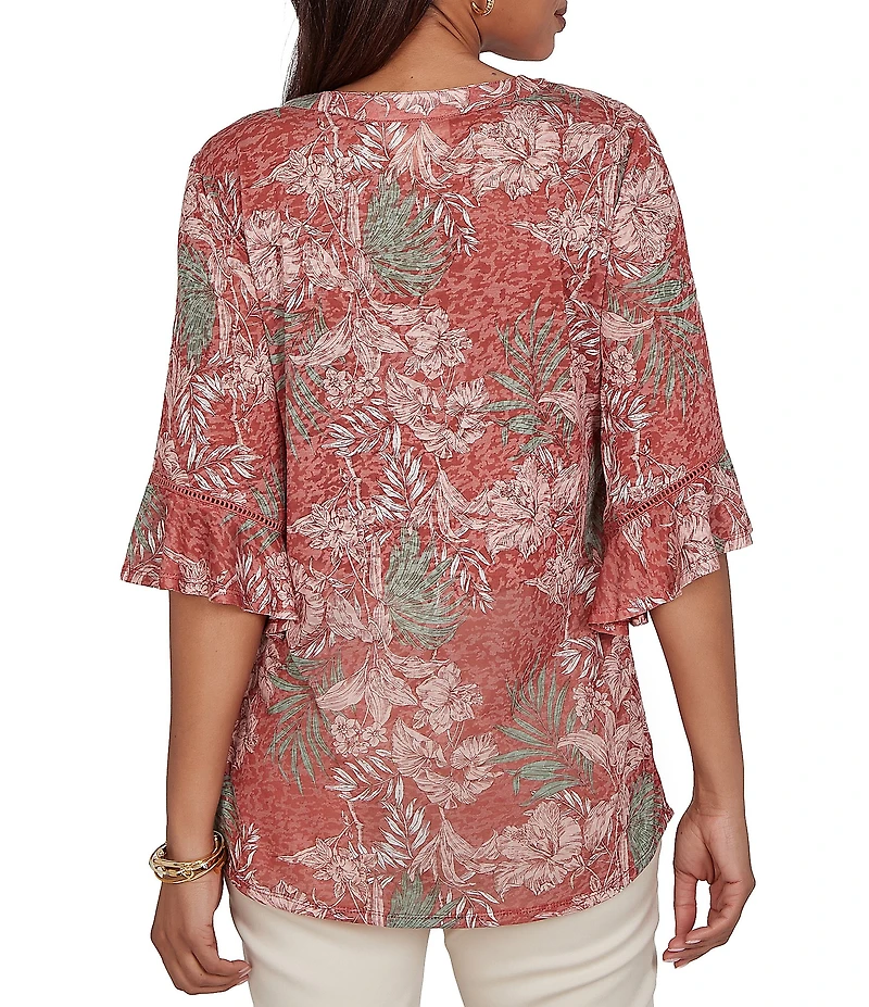 Ruby Rd. Burnout Jersey Tropical Floral Henley Collar Elbow Length Flutter Sleeve Top