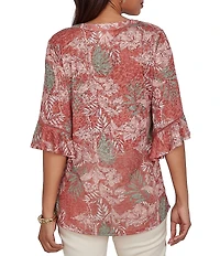 Ruby Rd. Burnout Jersey Tropical Floral Henley Collar Elbow Length Flutter Sleeve Top
