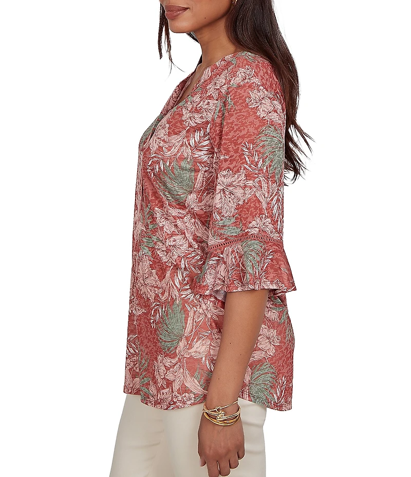 Ruby Rd. Burnout Jersey Tropical Floral Henley Collar Elbow Length Flutter Sleeve Top