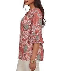 Ruby Rd. Burnout Jersey Tropical Floral Henley Collar Elbow Length Flutter Sleeve Top