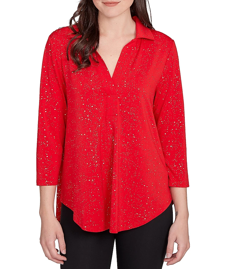 Ruby Rd. Collared 3/4 Sleeve Dotted Golden Dew Drops Knit Shirt