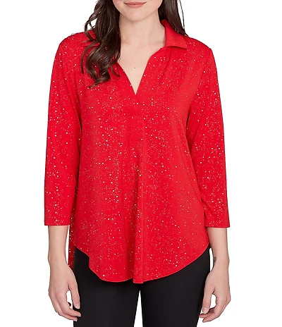 Ruby Rd. Collared 3/4 Sleeve Dotted Golden Dew Drops Knit Shirt